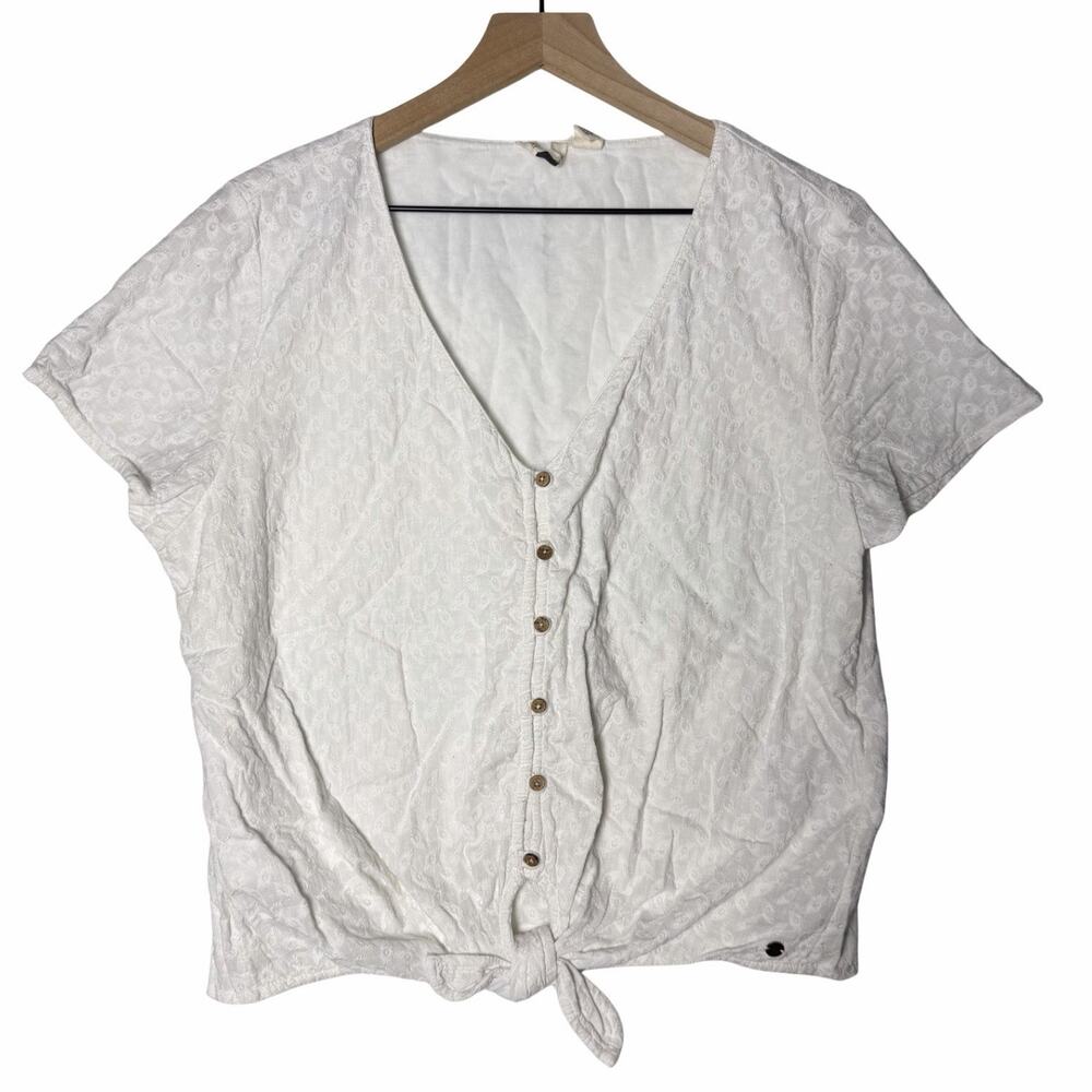 Roxy Crystal Sun Short Sleeve Embroidered Tie Front Top size XL